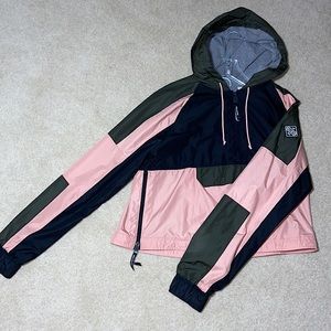 Large Hollister navy green and rose pink cropped windbreaker